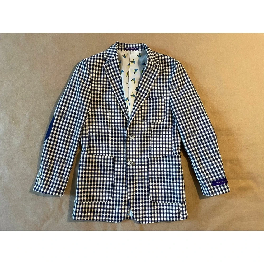 James Morgan Boys Gingham Blazer Size 16 Blue White Patch Pockets Elbow Patches